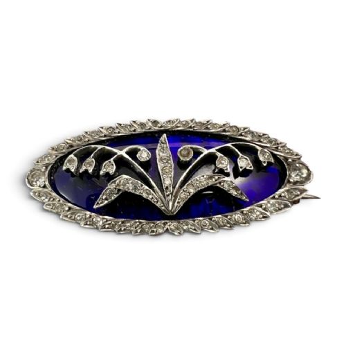Antique Lily of the Valley Bristol Blue Glass Silver Paste Brooch