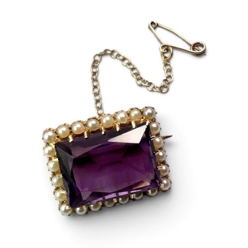 Victorian 15ct Gold Amethyst and Pearl Halo Brooch