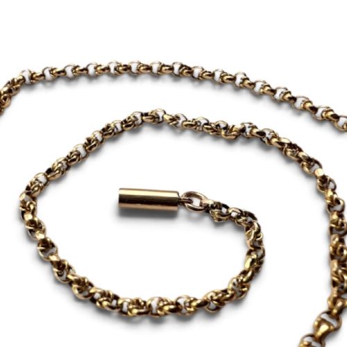 An Edwardian 9ct gold chain necklace coiled flat against a neutral white background displaying rope links and a cylindrical clasp. View II