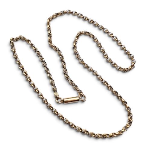 An Edwardian 9ct gold chain necklace coiled flat against a neutral white background displaying rope links and a cylindrical clasp. View IV