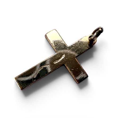 A Victorian rolled gold cross pendant featuring hand-engraved floral and scrollwork motifs with a suspension loop at the top. View III