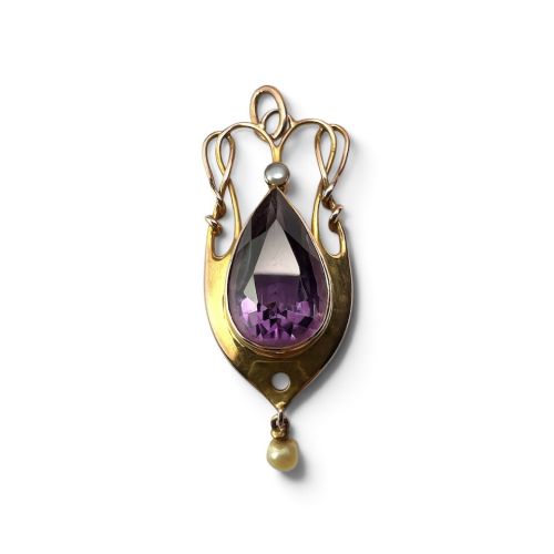 Art Nouveau Jugendstil Gold Amethyst and Pearl Drop Pendant