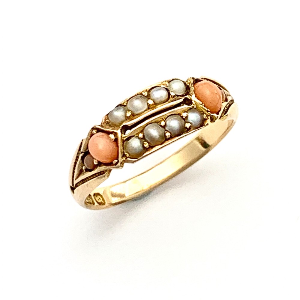 Victorian 15CT Rose Gold Coral Seed Pearl Ring