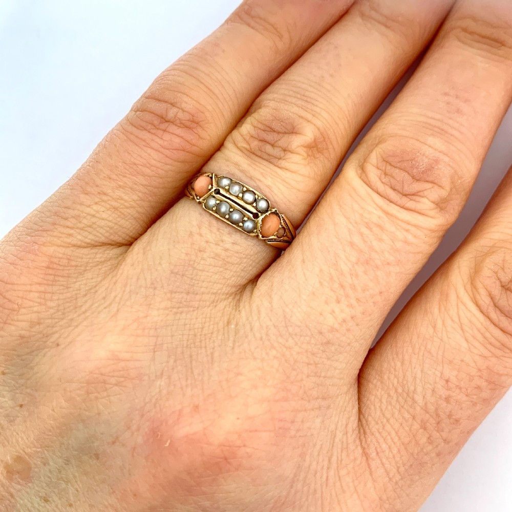Victorian 15CT Rose Gold Coral Seed Pearl Ring View II