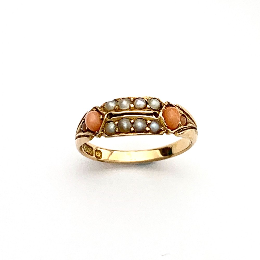 Victorian 15CT Rose Gold Coral Seed Pearl Ring View IV