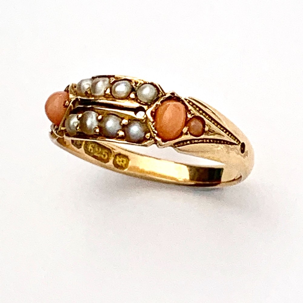 Victorian 15CT Rose Gold Coral Seed Pearl Ring View V