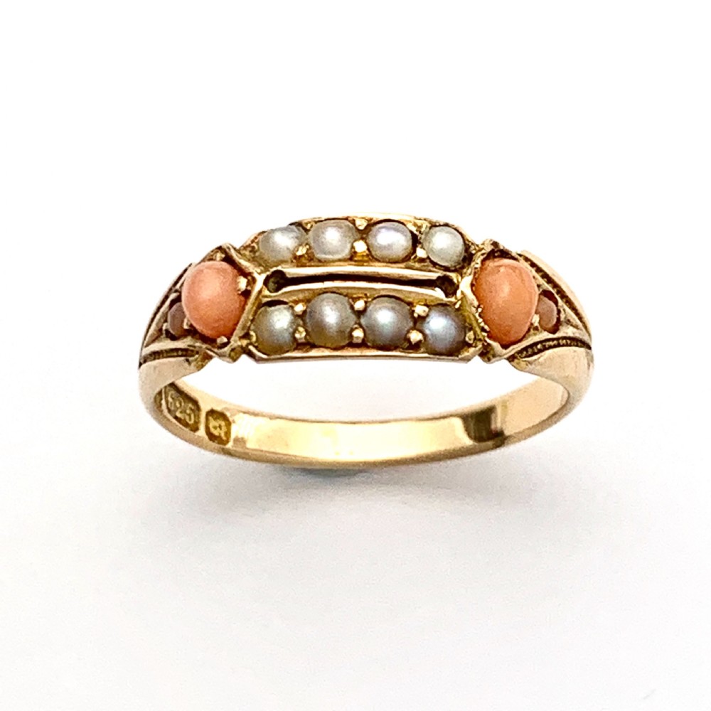 Victorian 15CT Rose Gold Coral Seed Pearl Ring View VII