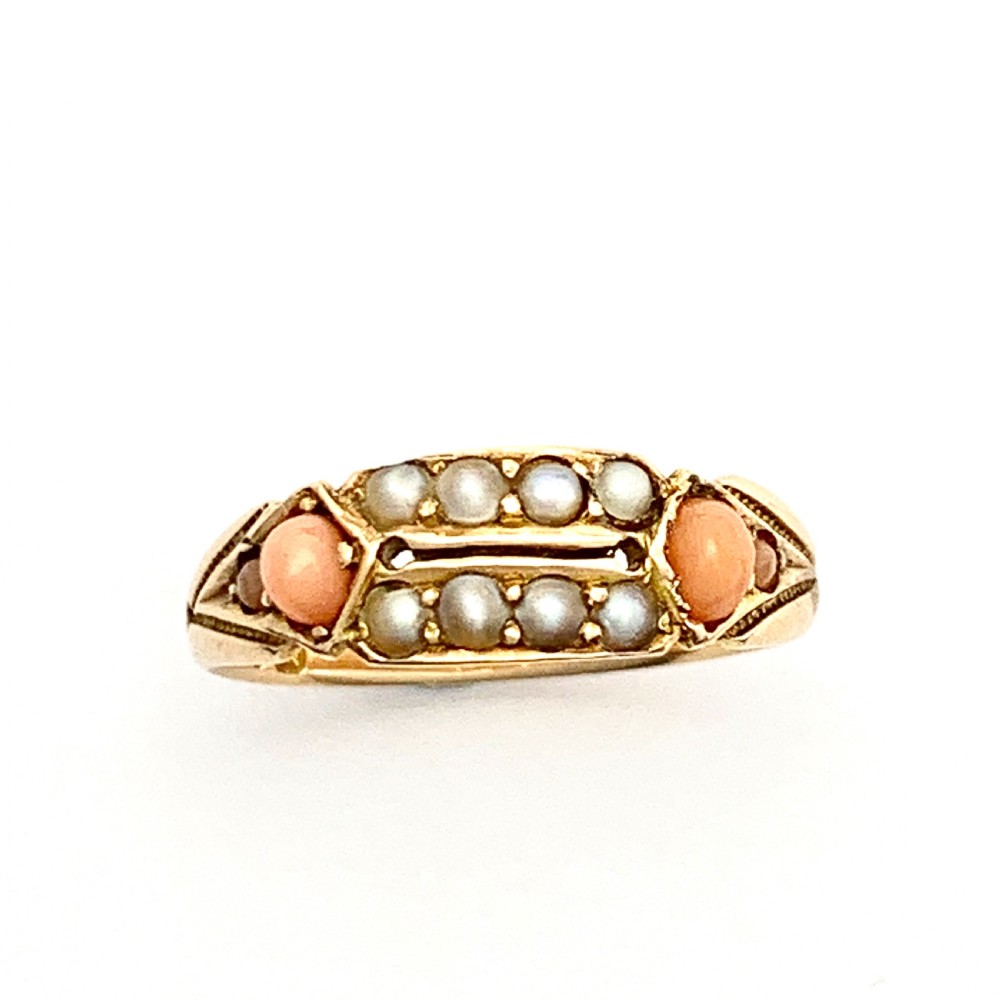 Victorian 15CT Rose Gold Coral Seed Pearl Ring View VIII