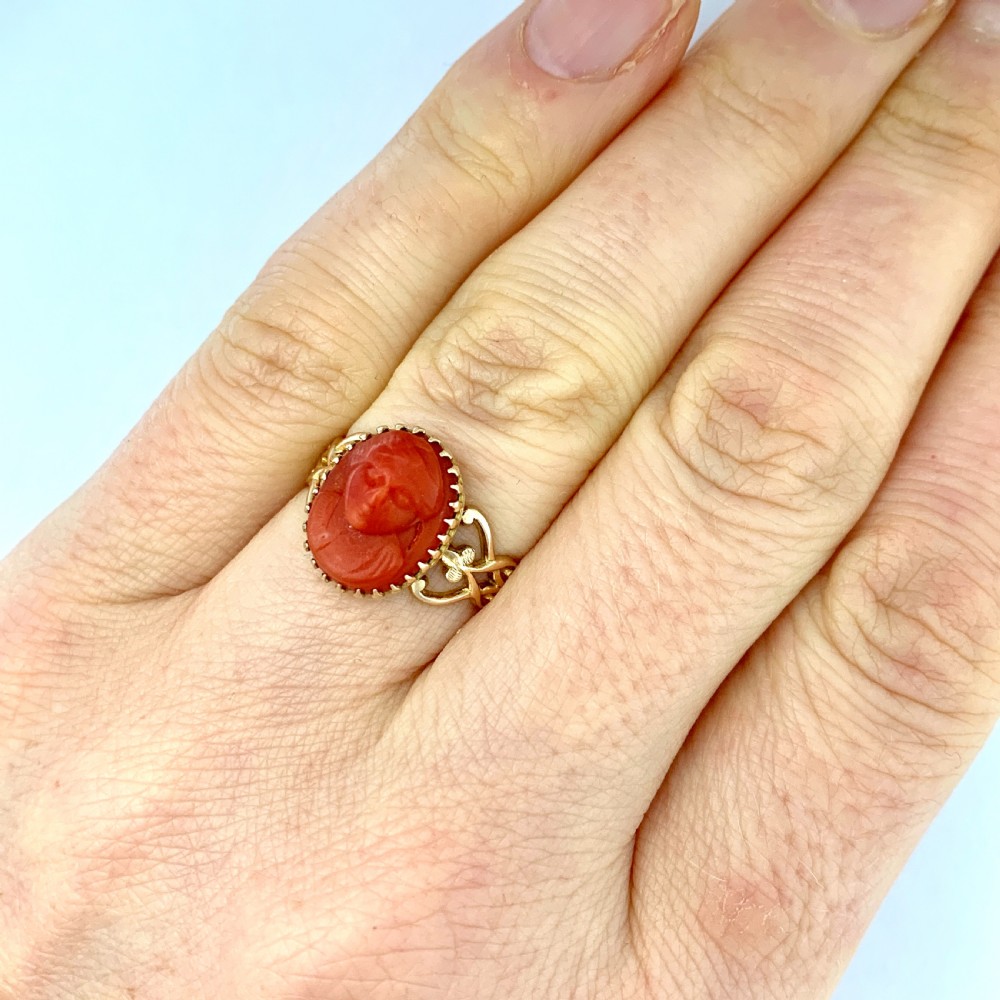 Antique Rose Gold Carved Coral Cameo Ring View II
