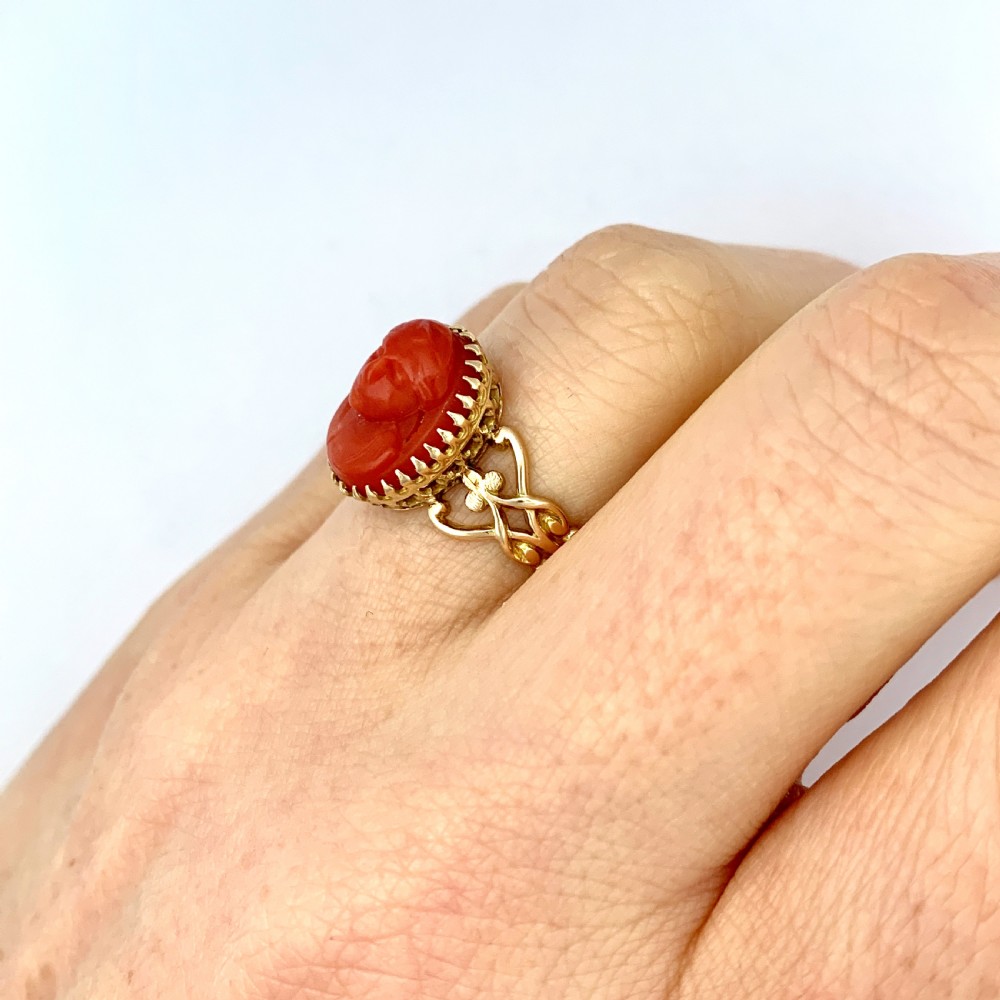 Antique Rose Gold Carved Coral Cameo Ring View IV