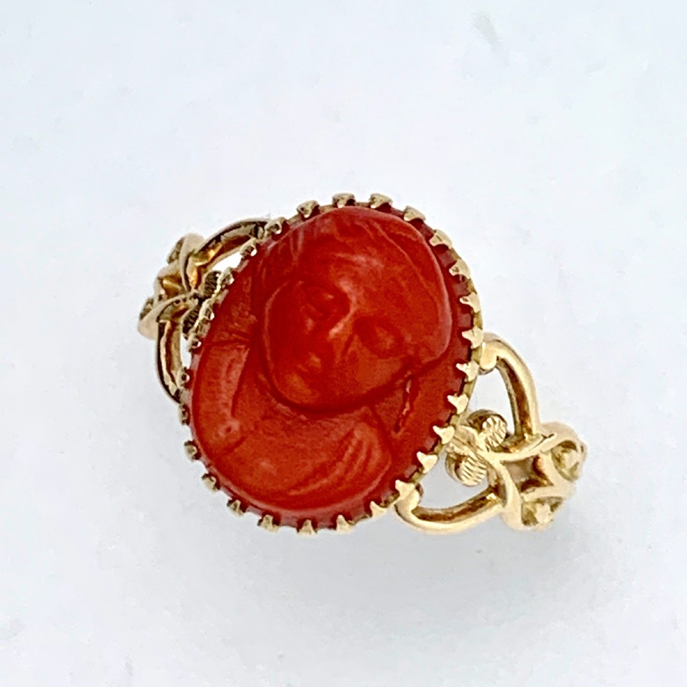 Antique Rose Gold Carved Coral Cameo Ring View VII