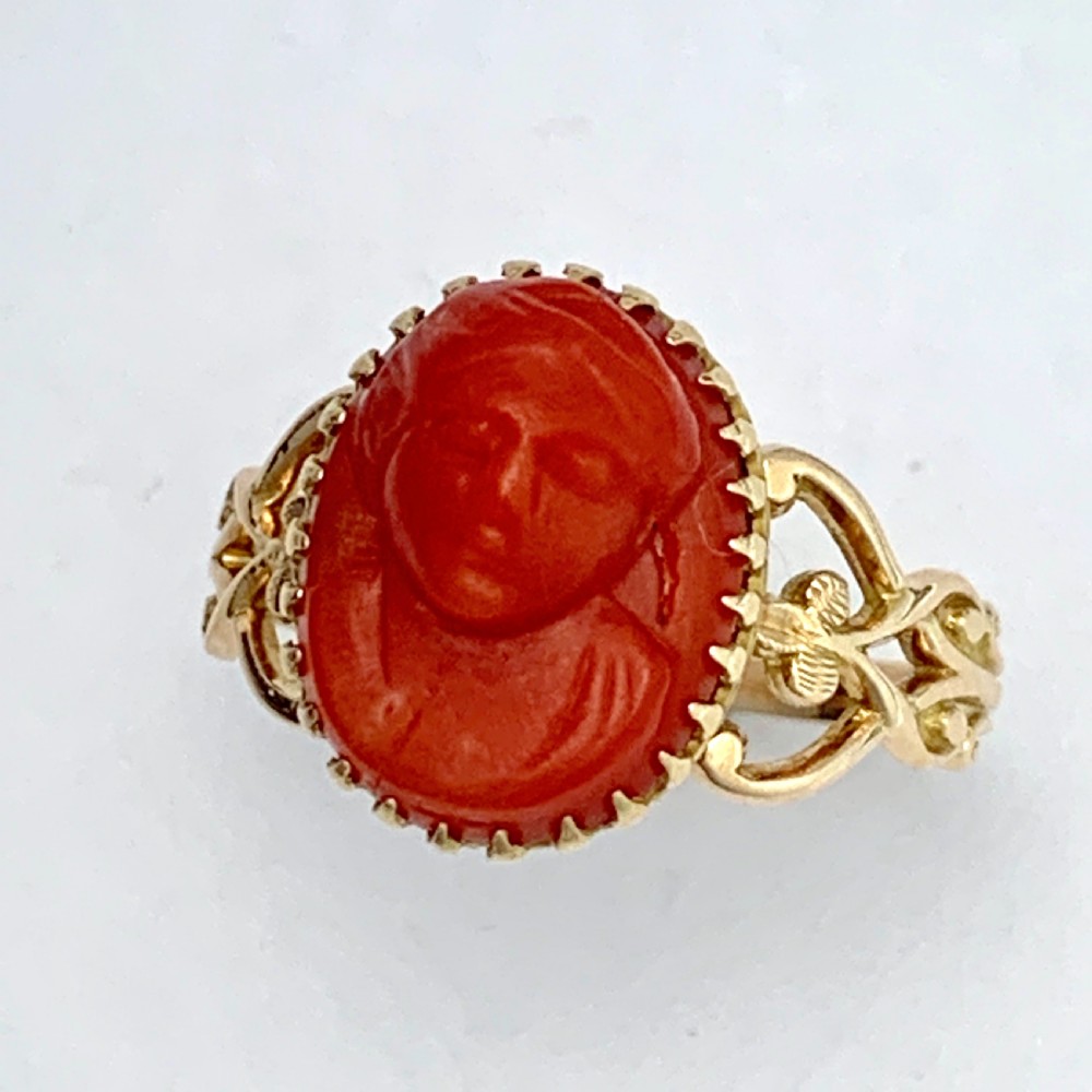 Antique Rose Gold Carved Coral Cameo Ring View IX
