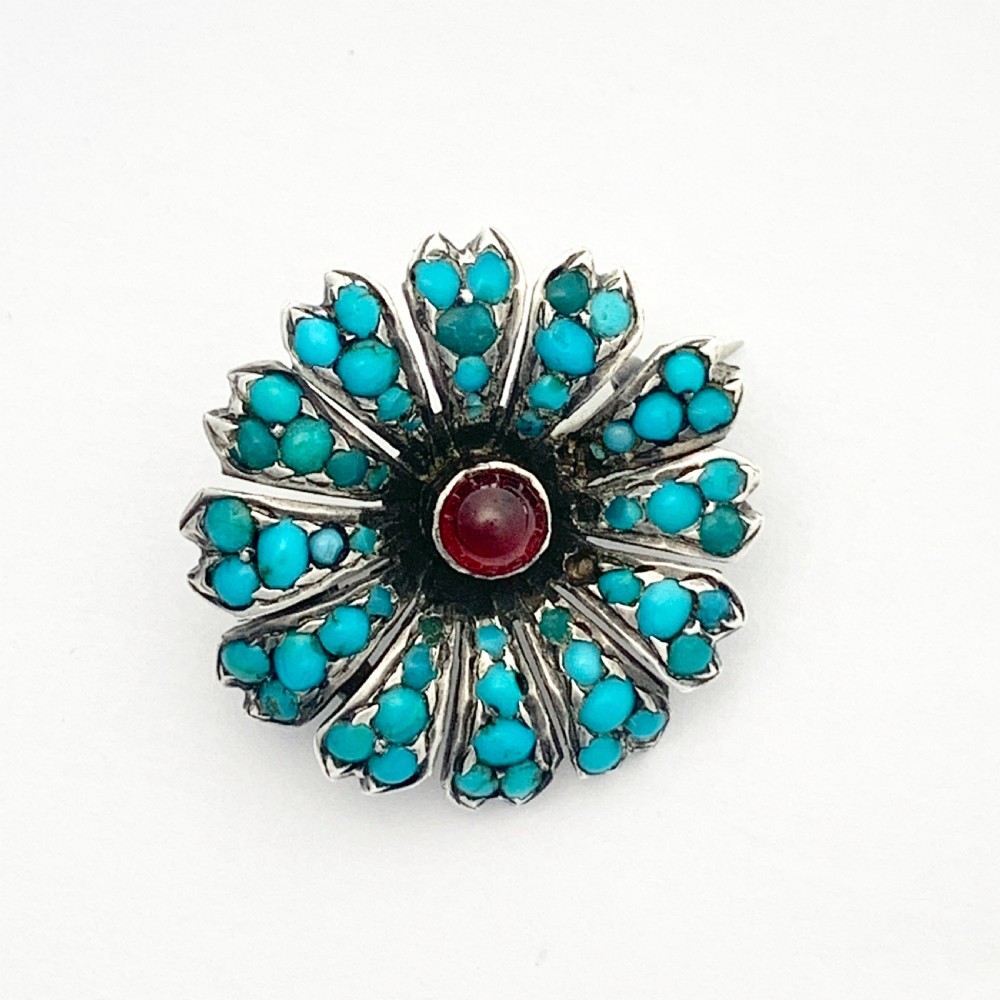 Victorian Pavé Turquoise and Garnet Silver Flower Brooch