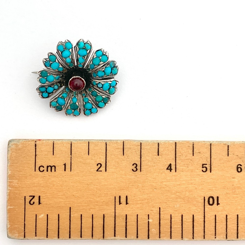 Victorian Pavé Turquoise and Garnet Silver Flower Brooch View II