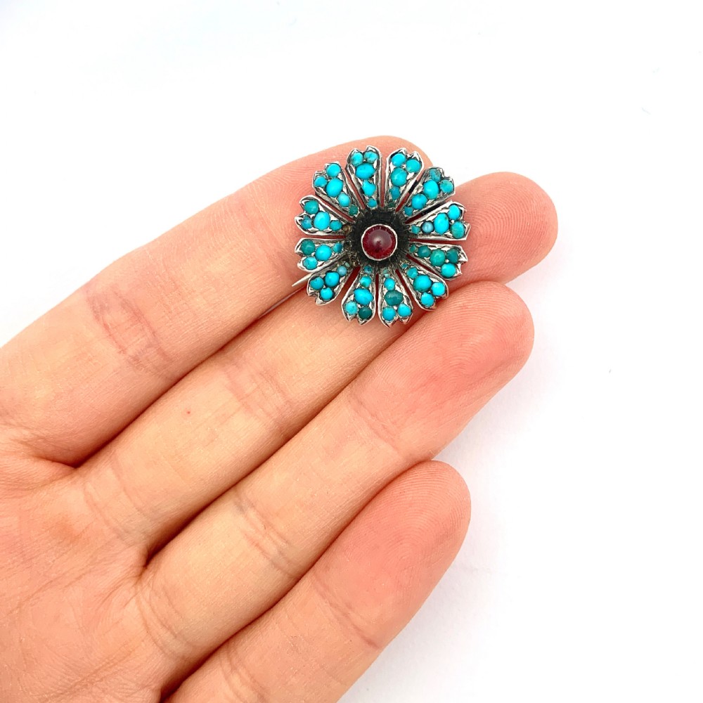 Victorian Pavé Turquoise and Garnet Silver Flower Brooch View III