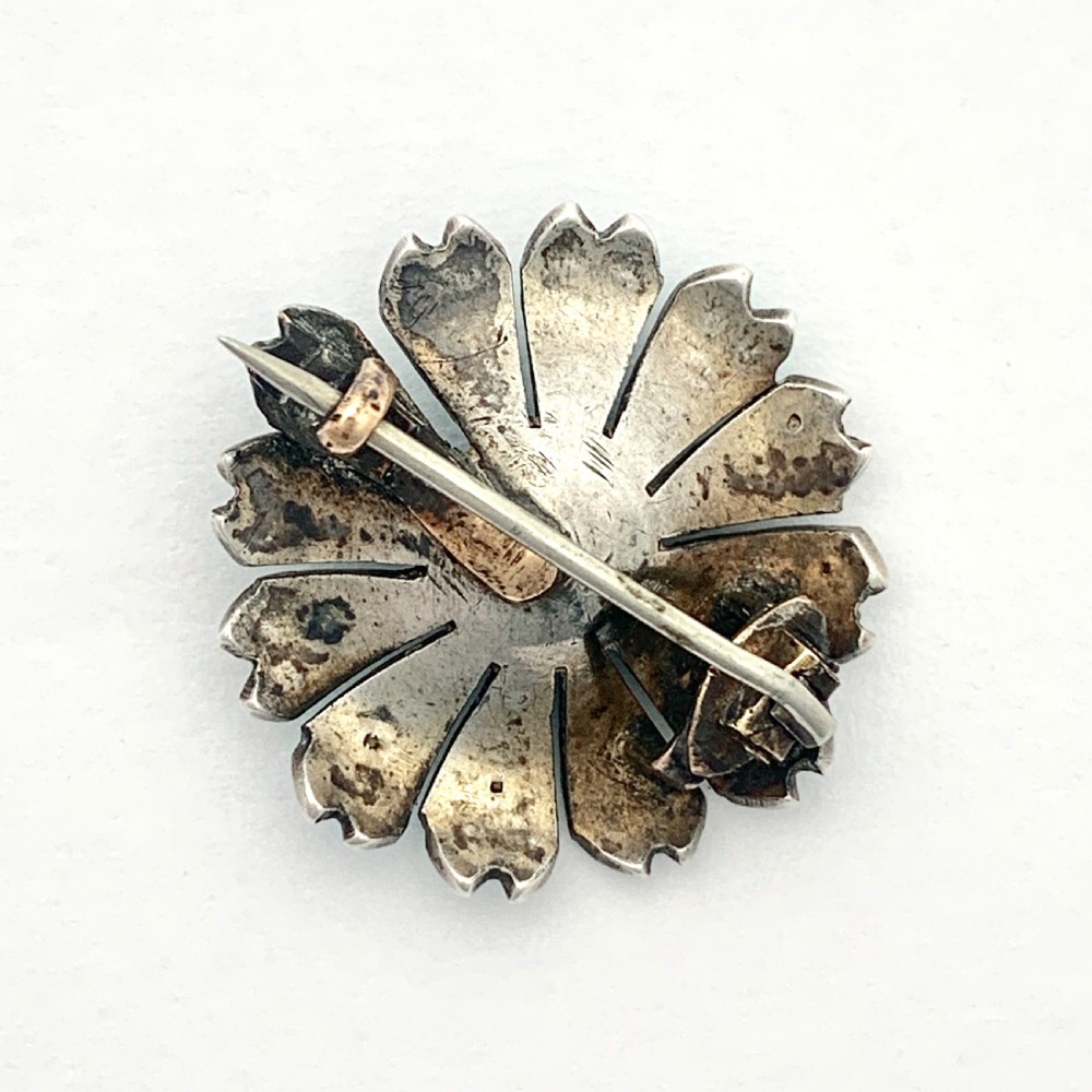 Victorian Pavé Turquoise and Garnet Silver Flower Brooch View IV