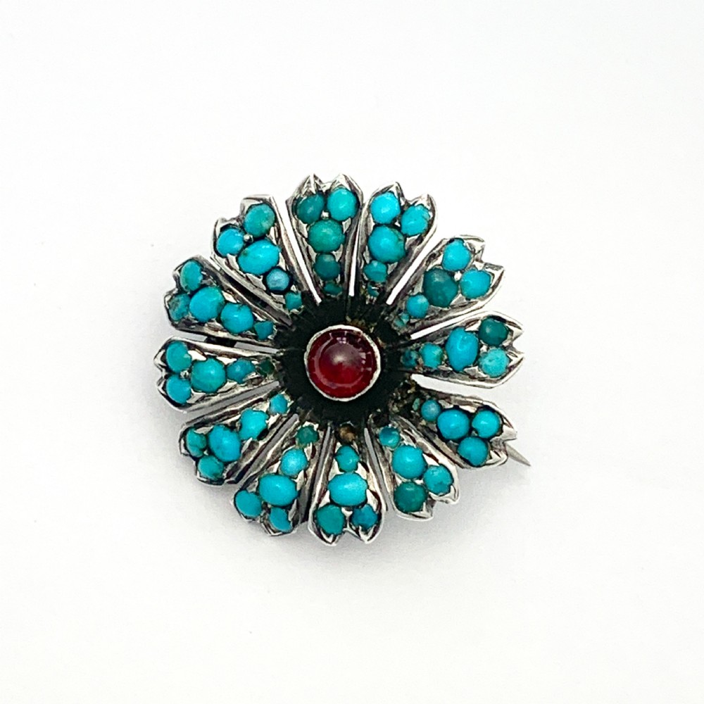 Victorian Pavé Turquoise and Garnet Silver Flower Brooch View V