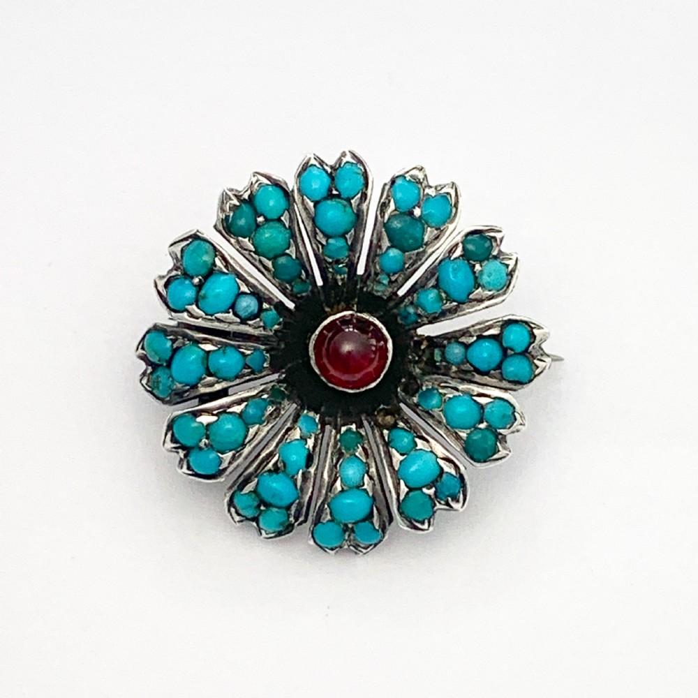 Victorian Pavé Turquoise and Garnet Silver Flower Brooch View VI