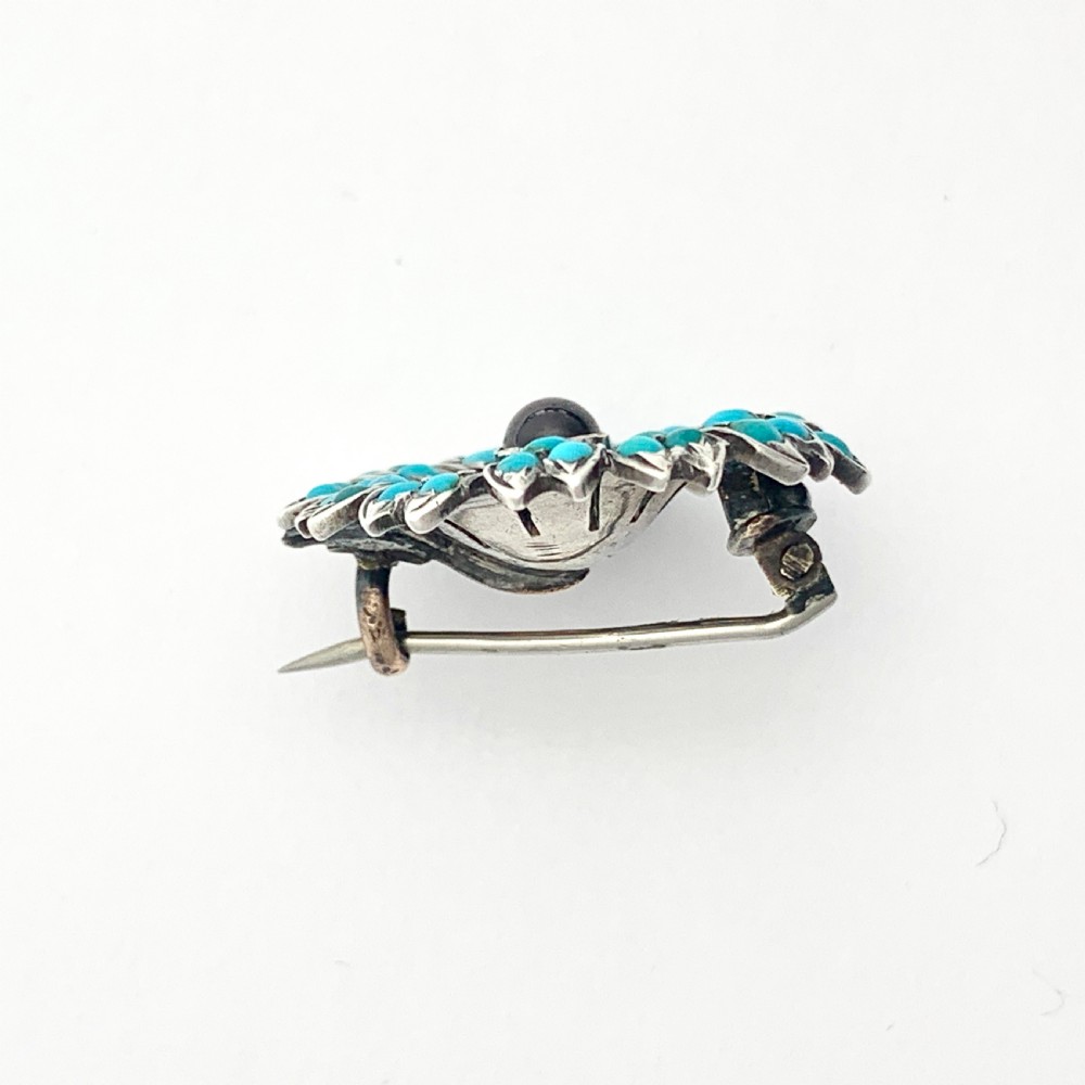 Victorian Pavé Turquoise and Garnet Silver Flower Brooch View VII