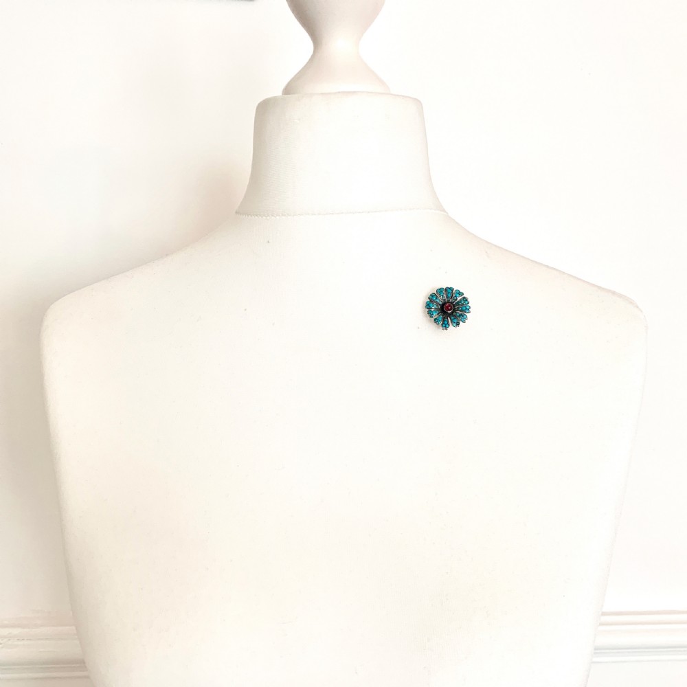 Victorian Pavé Turquoise and Garnet Silver Flower Brooch View VIII