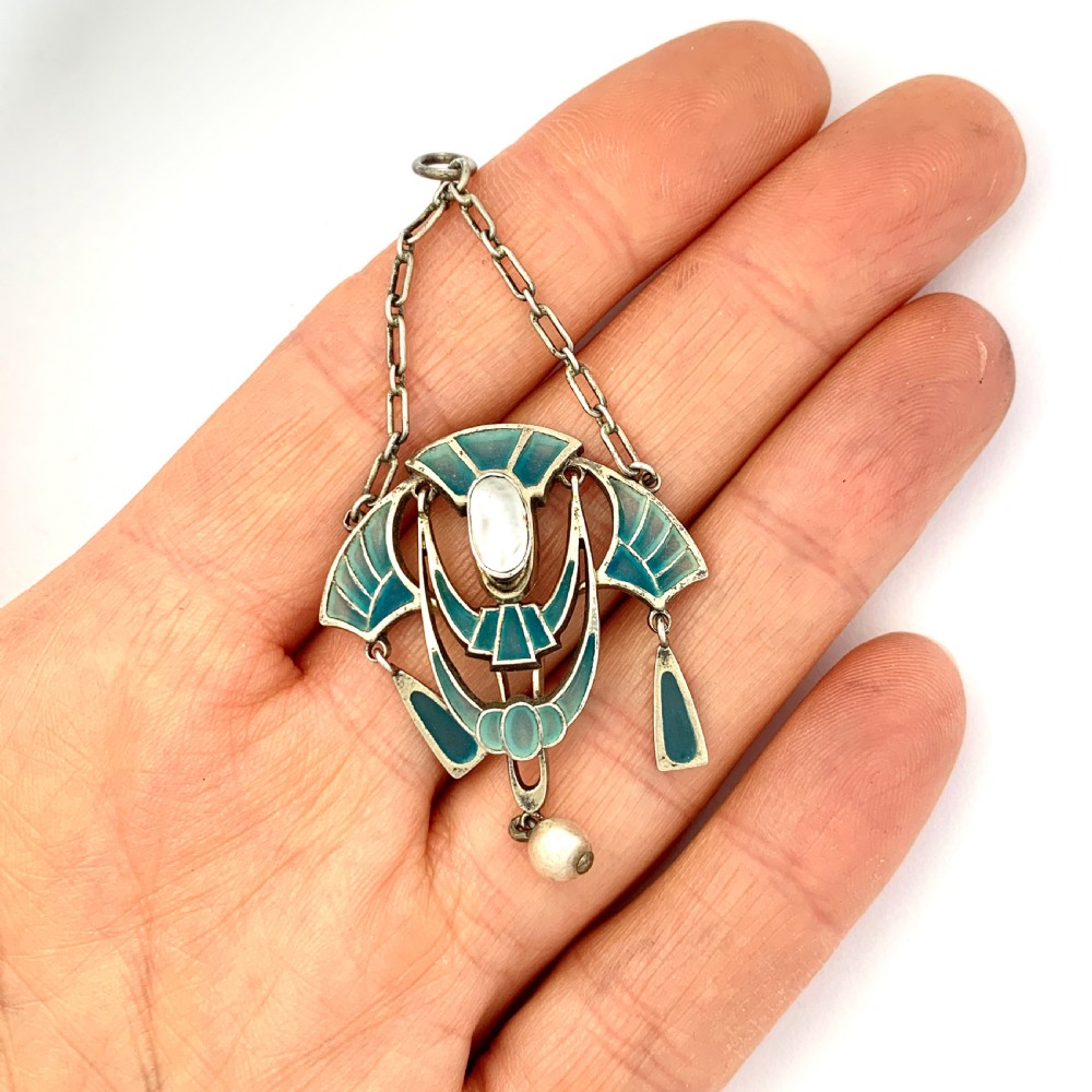 Jugendstil Plique a Jour Enamel and Pearl Pendant View VI