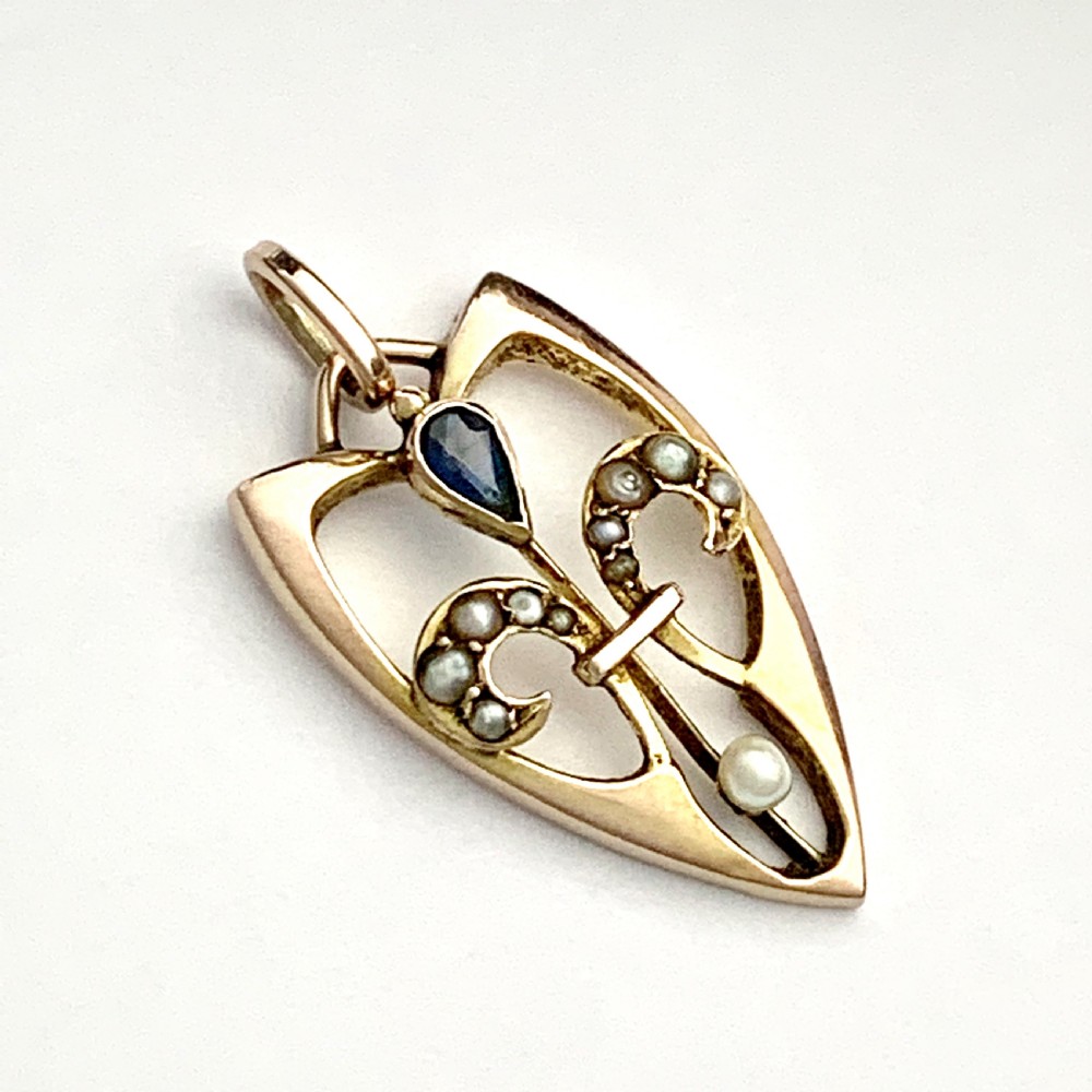 Art Nouveau Jugendstil Rose Gold Sapphire and Seed Pearl Pendant