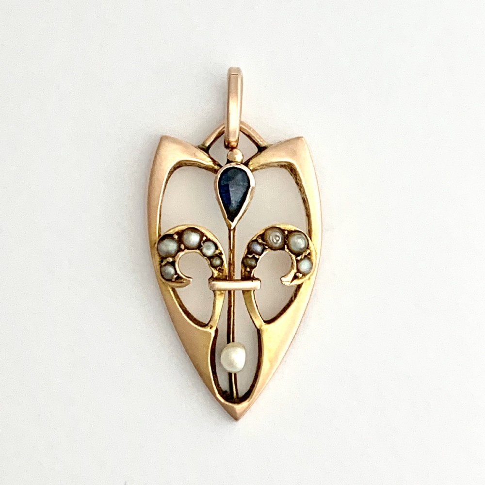 Art Nouveau Jugendstil Rose Gold Sapphire and Seed Pearl Pendant View II