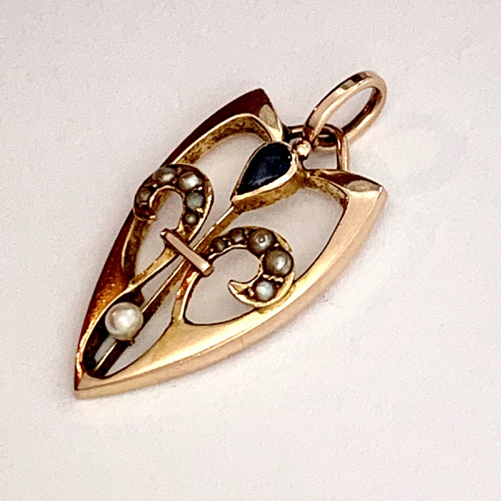 Art Nouveau Jugendstil Rose Gold Sapphire and Seed Pearl Pendant View III