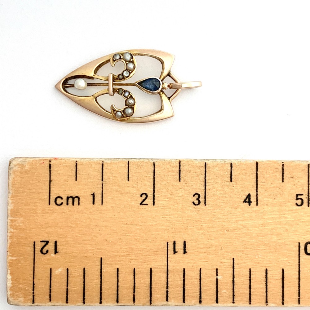 Art Nouveau Jugendstil Rose Gold Sapphire and Seed Pearl Pendant View IV