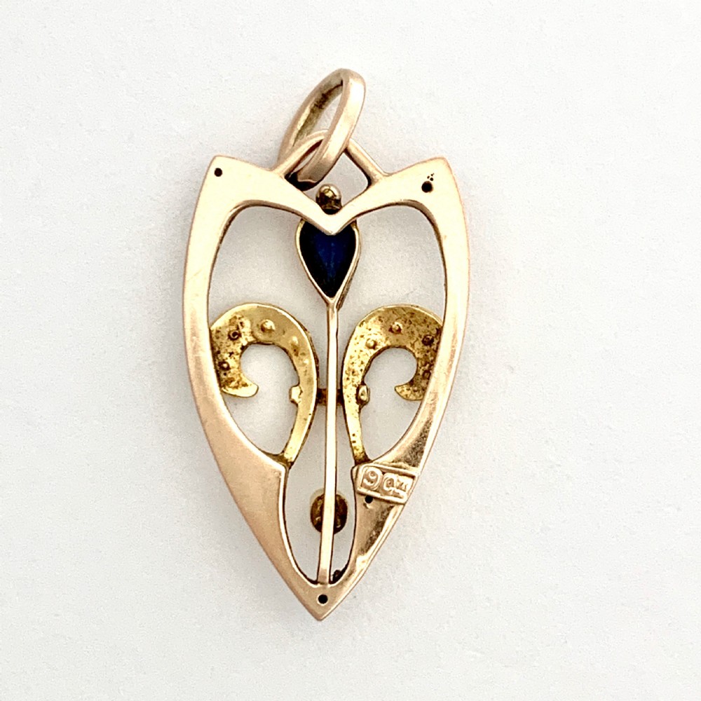 Art Nouveau Jugendstil Rose Gold Sapphire and Seed Pearl Pendant View V