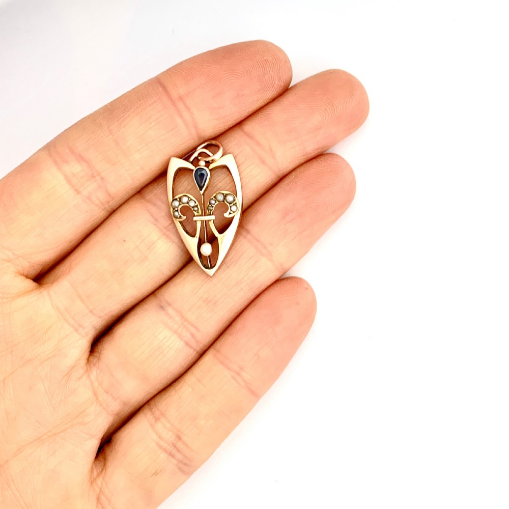 Art Nouveau Jugendstil Rose Gold Sapphire and Seed Pearl Pendant View VI