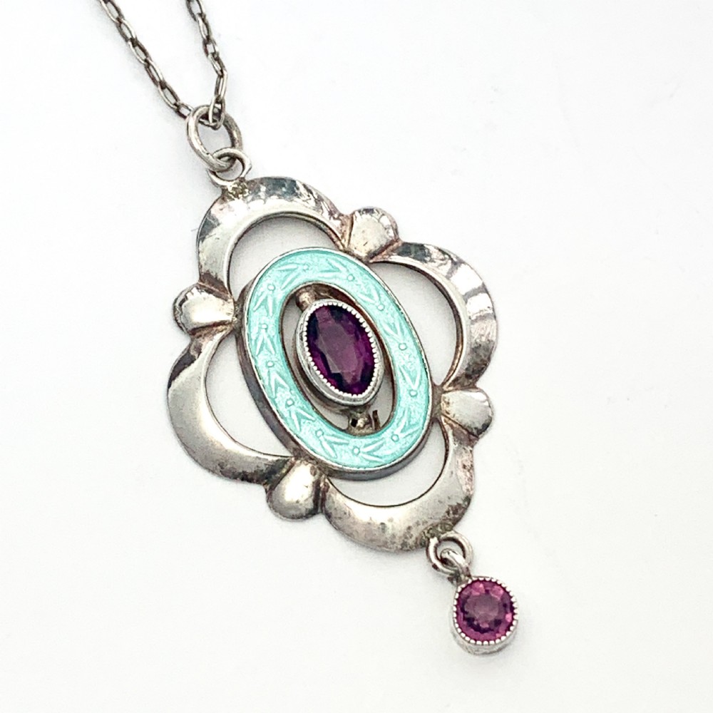 Edwardian Art Nouveau Silver Guilloche Enamel and Amethyst Necklace