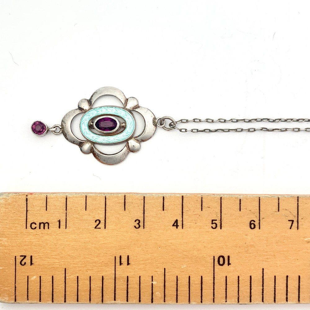 Edwardian Art Nouveau Silver Guilloche Enamel and Amethyst Necklace View III