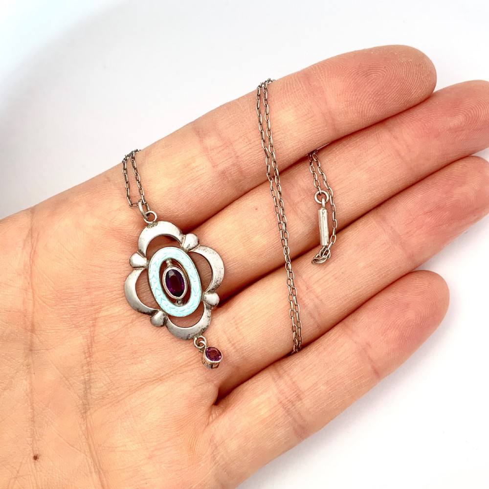 Edwardian Art Nouveau Silver Guilloche Enamel and Amethyst Necklace View IV
