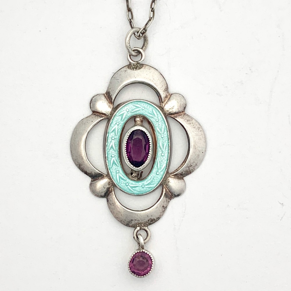 Edwardian Art Nouveau Silver Guilloche Enamel and Amethyst Necklace View V