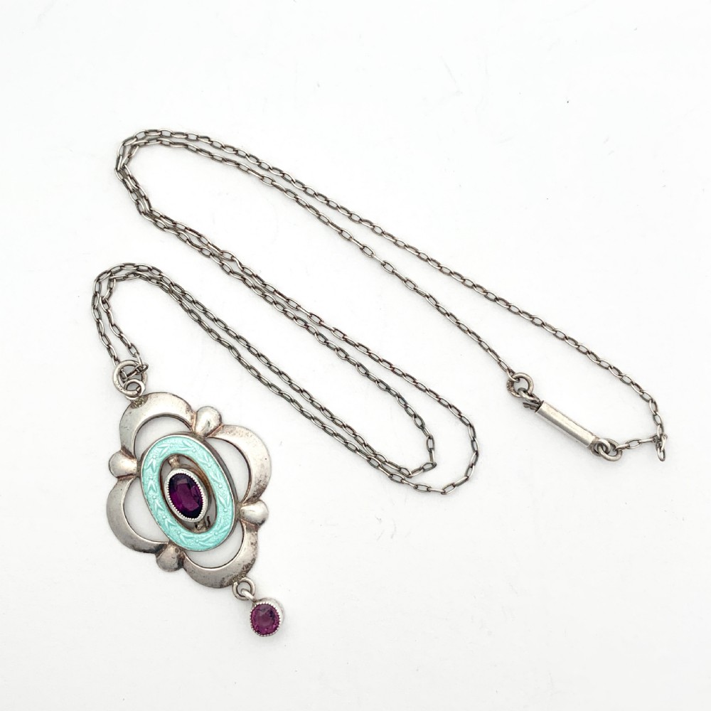 Edwardian Art Nouveau Silver Guilloche Enamel and Amethyst Necklace View VII