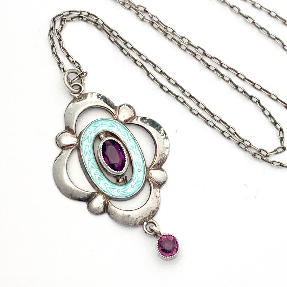 Edwardian Art Nouveau Silver Guilloche Enamel and Amethyst Necklace View VIII