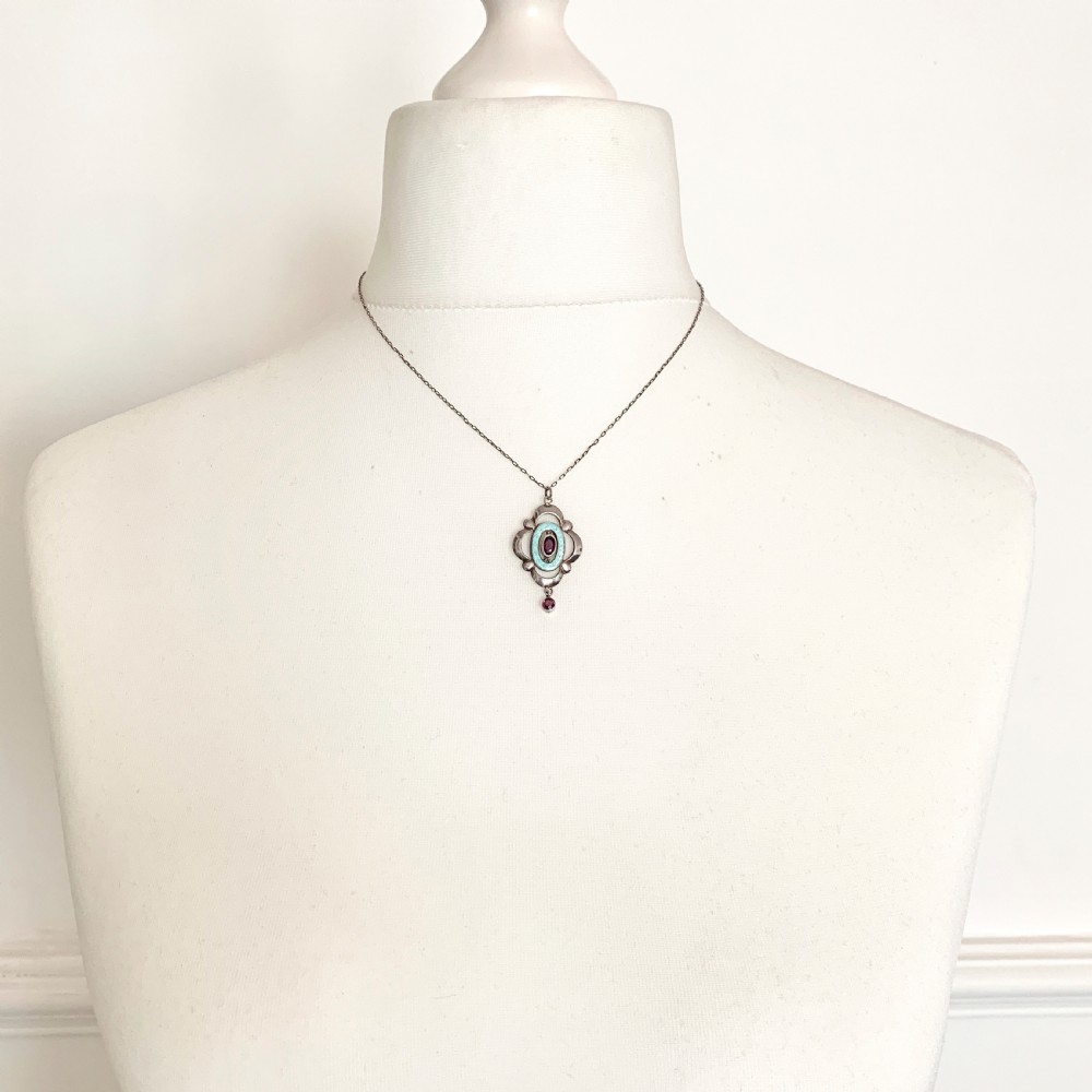 Edwardian Art Nouveau Silver Guilloche Enamel and Amethyst Necklace View IX