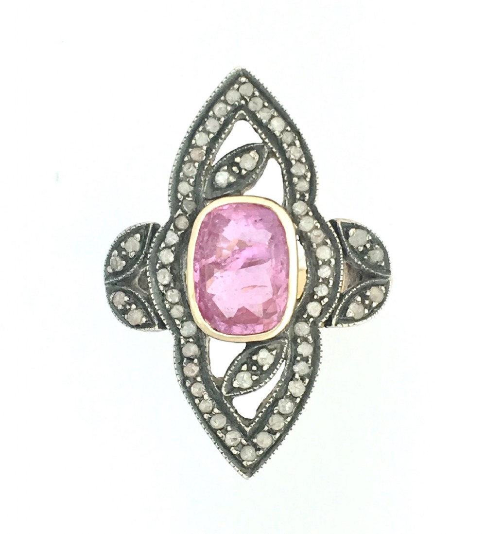 Antique Pink Sapphire and Rose-cut Diamond 15CT Gold Navette Ring