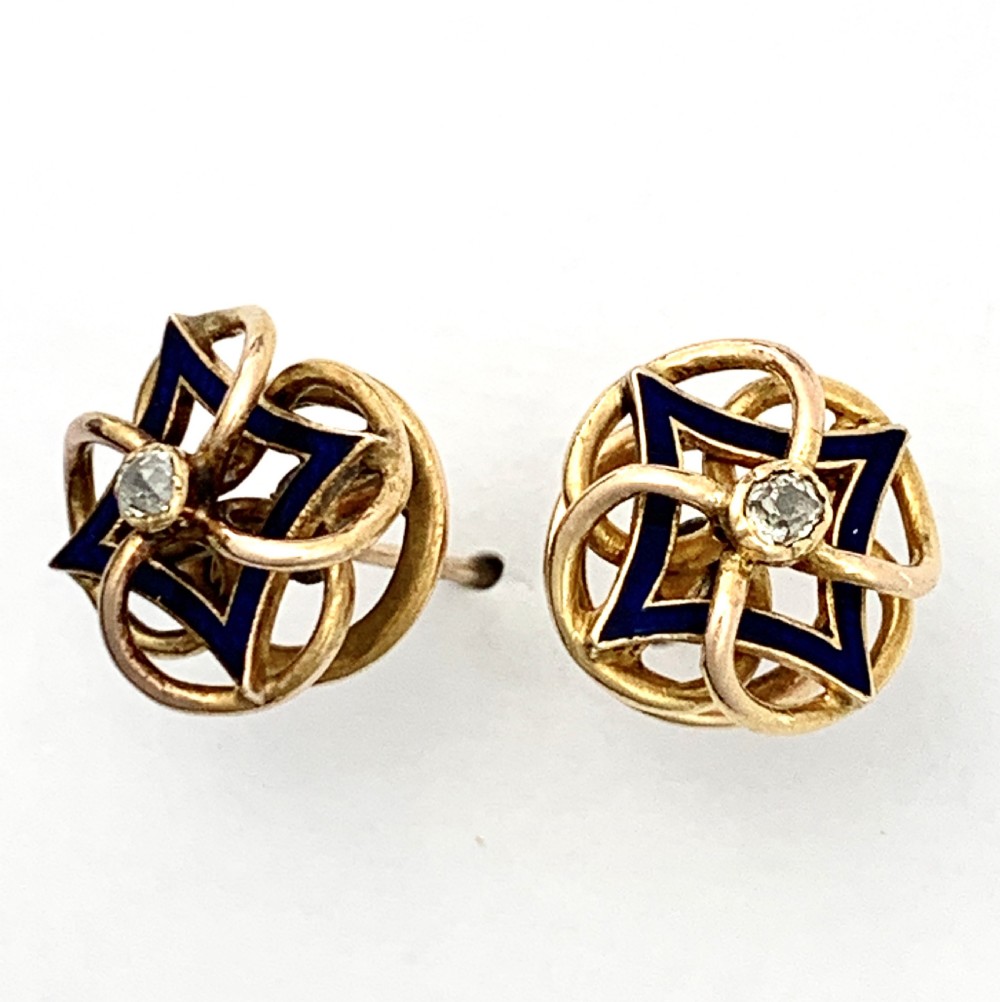 Antique 18CT Gold Diamond Blue Enamel Stud Earrings