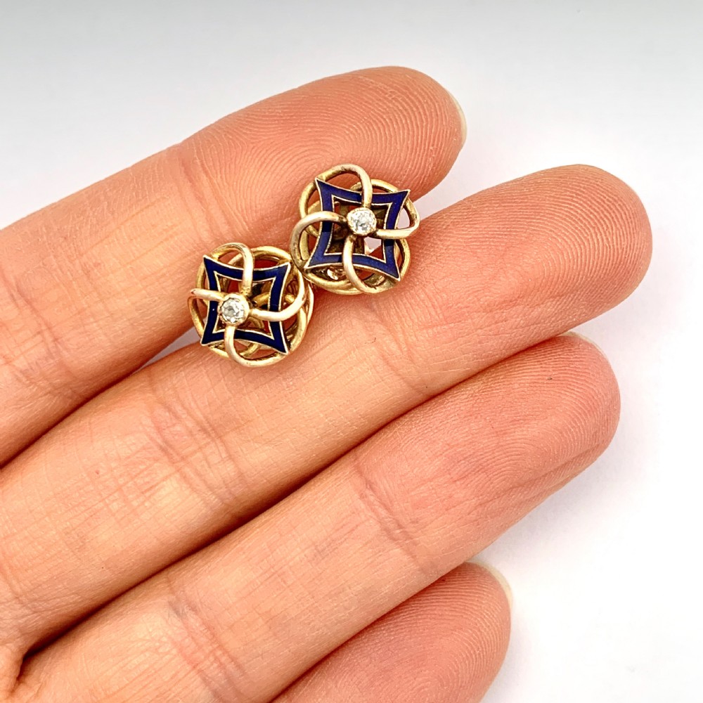 Antique 18CT Gold Diamond Blue Enamel Stud Earrings View II