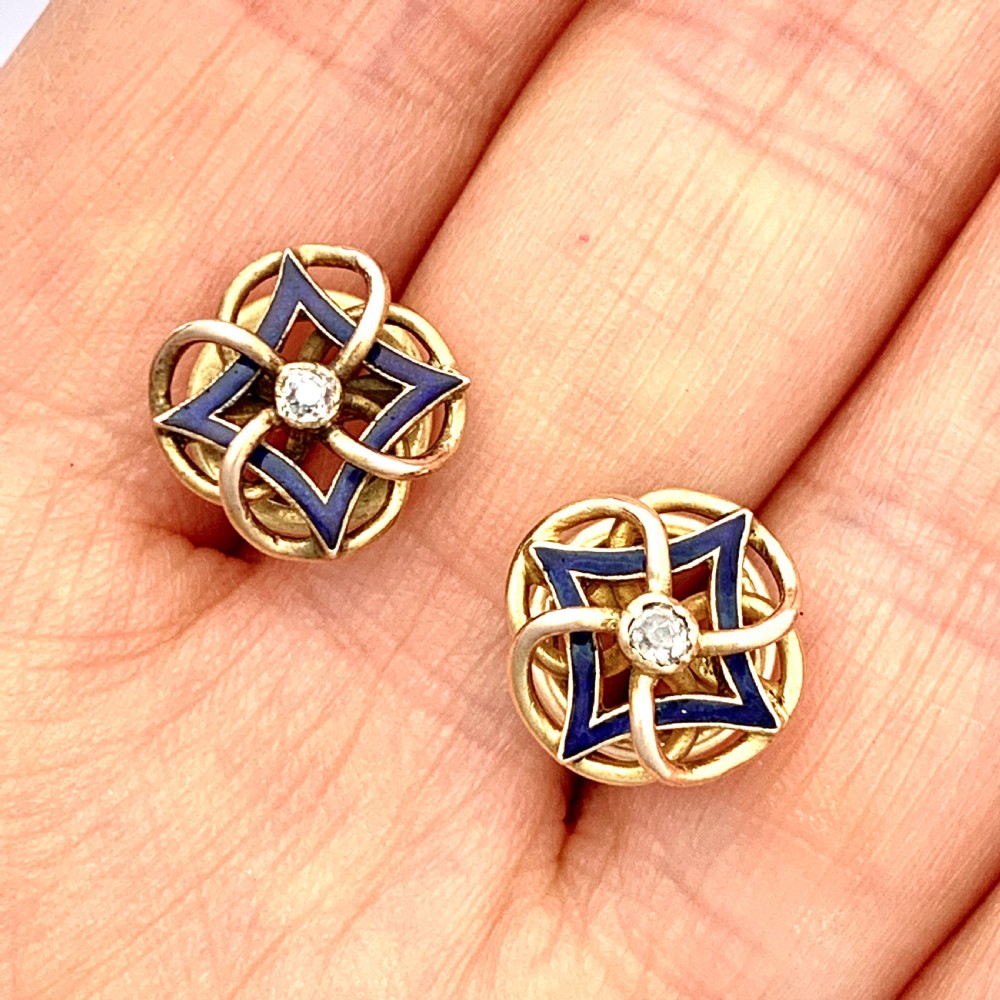 Antique 18CT Gold Diamond Blue Enamel Stud Earrings View V