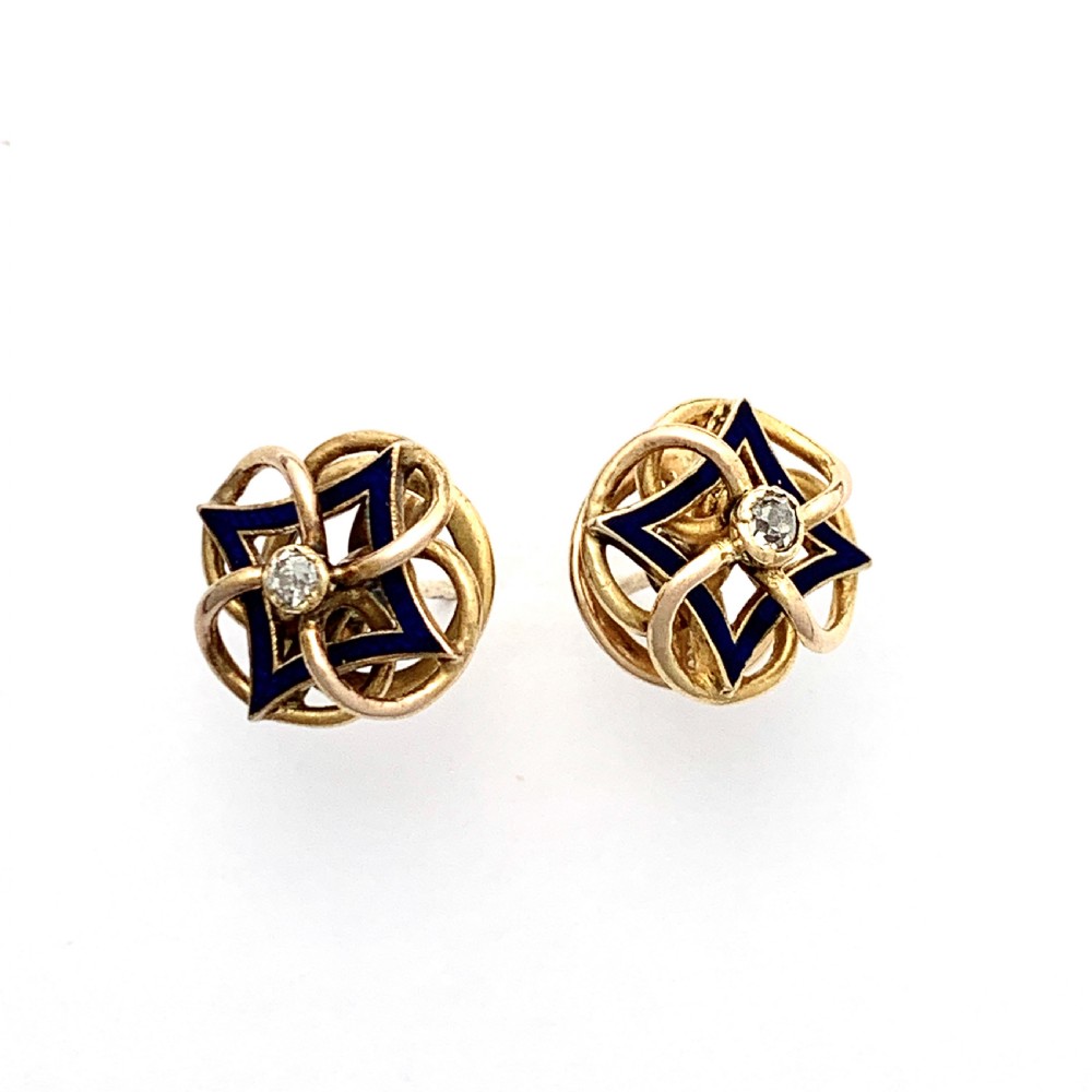 Antique 18CT Gold Diamond Blue Enamel Stud Earrings View VI