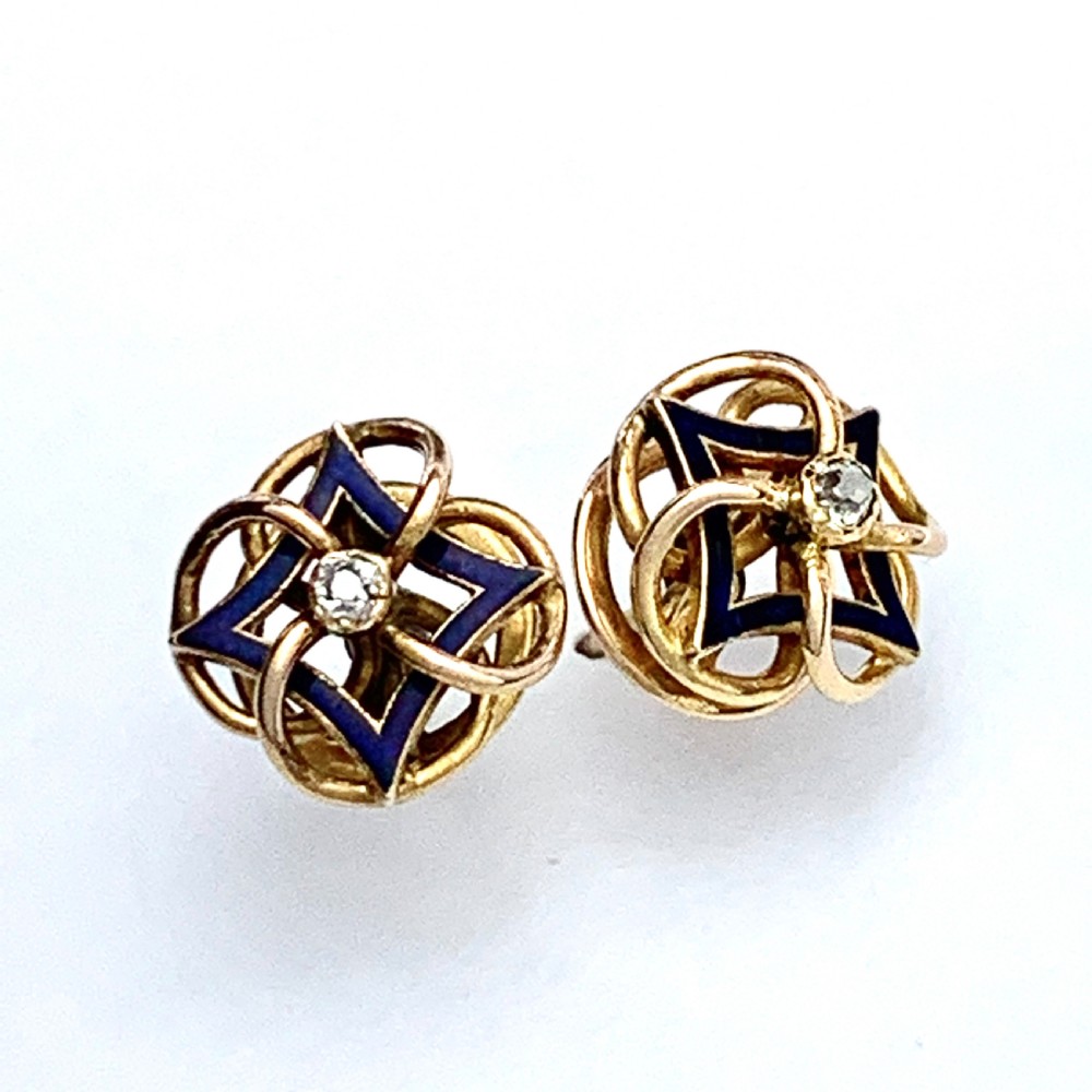 Antique 18CT Gold Diamond Blue Enamel Stud Earrings View VII