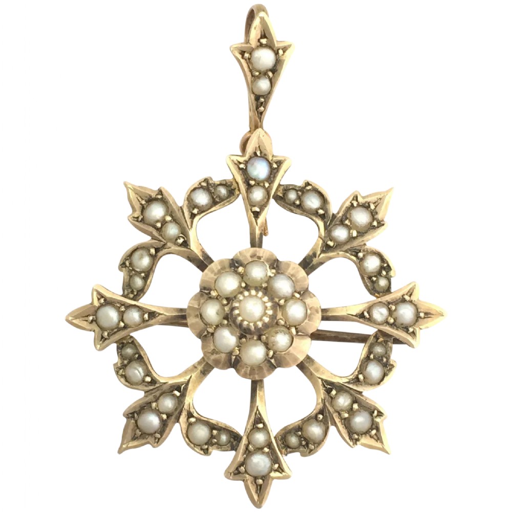 Victorian 9CT Gold Seed Pearl Pendant Brooch