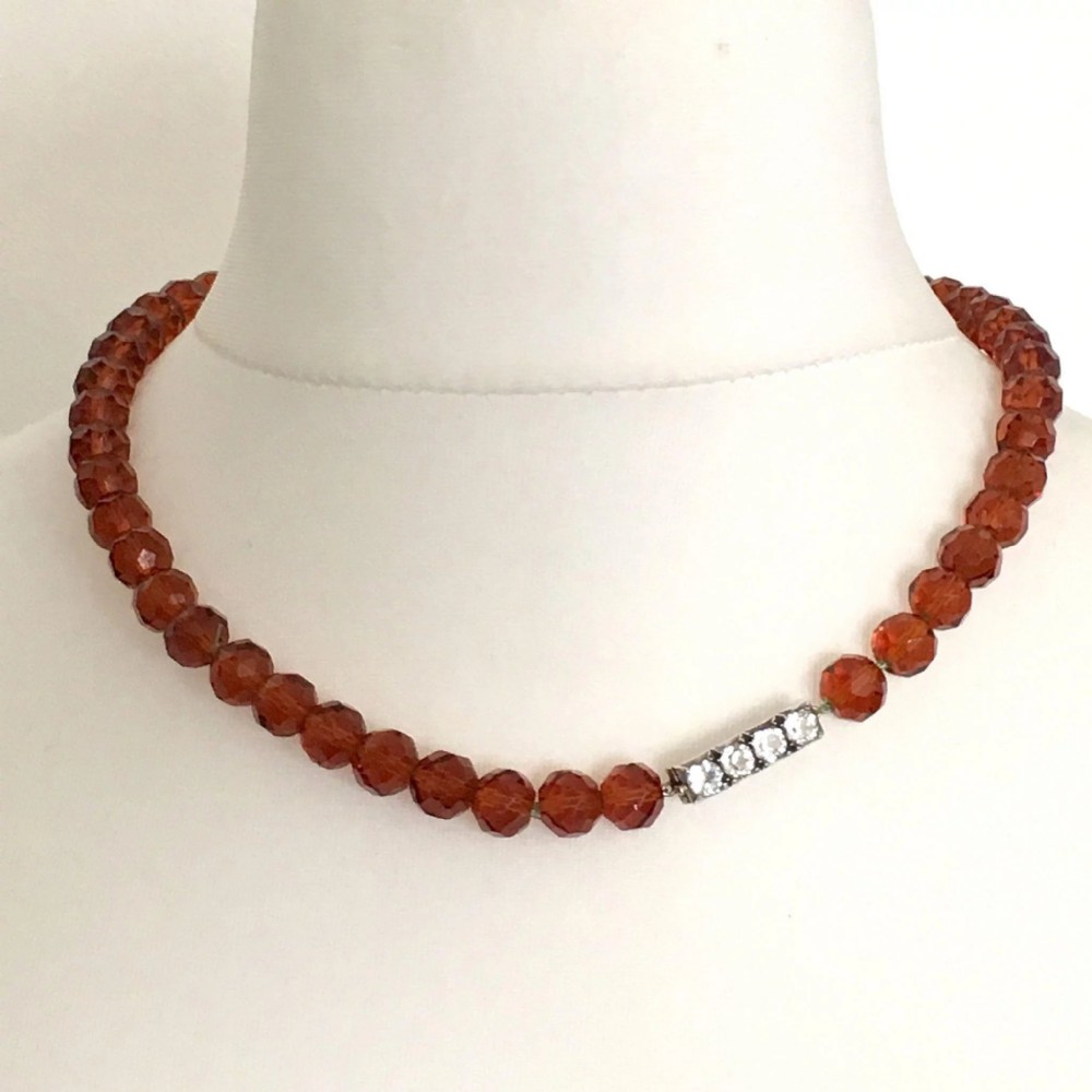 Antique 9CT Rose Gold Clasp Amber Glass Necklace