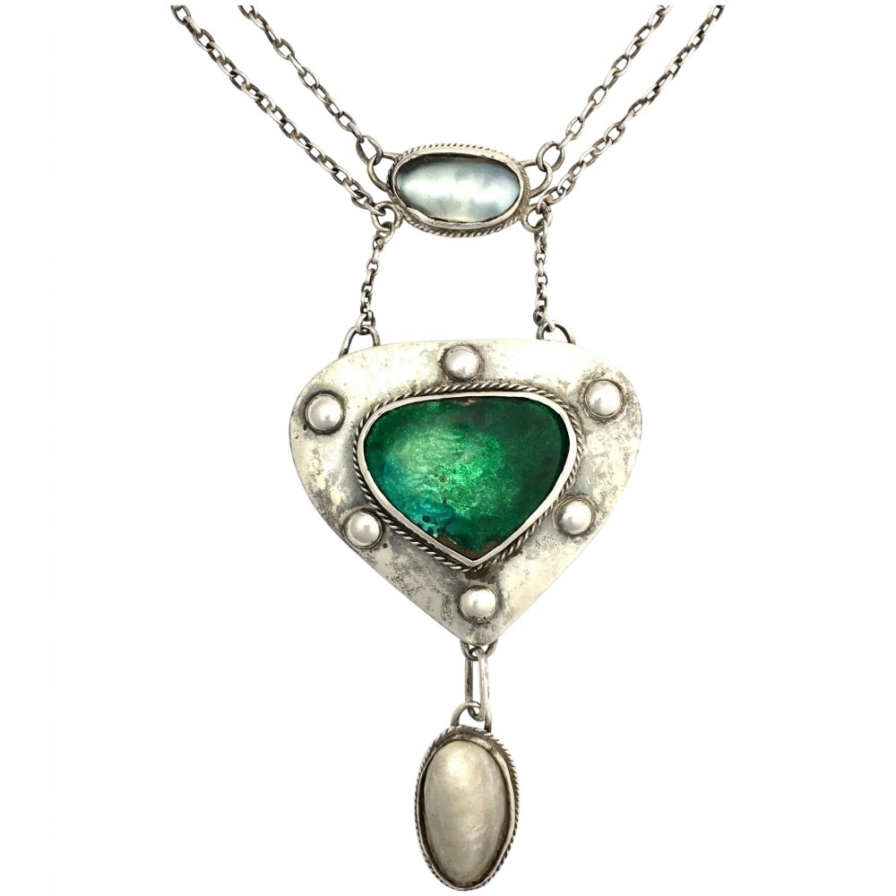 RESERVED for G • Arts and Crafts Art Nouveau Enamel and Pearl Silver Necklace