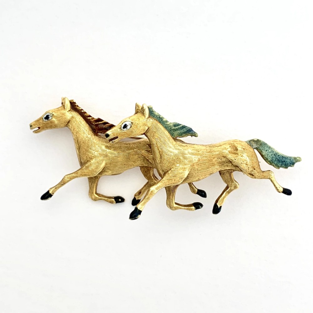 Vintage Italian 18CT Gold Enamelled Horse Brooch