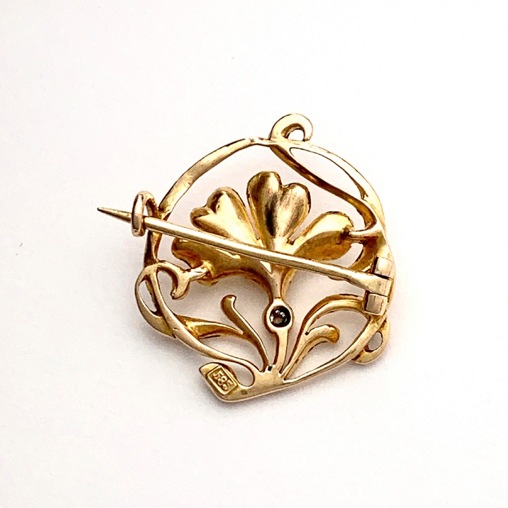 Art Nouveau 14CT Gold Diamond Flower Brooch View II