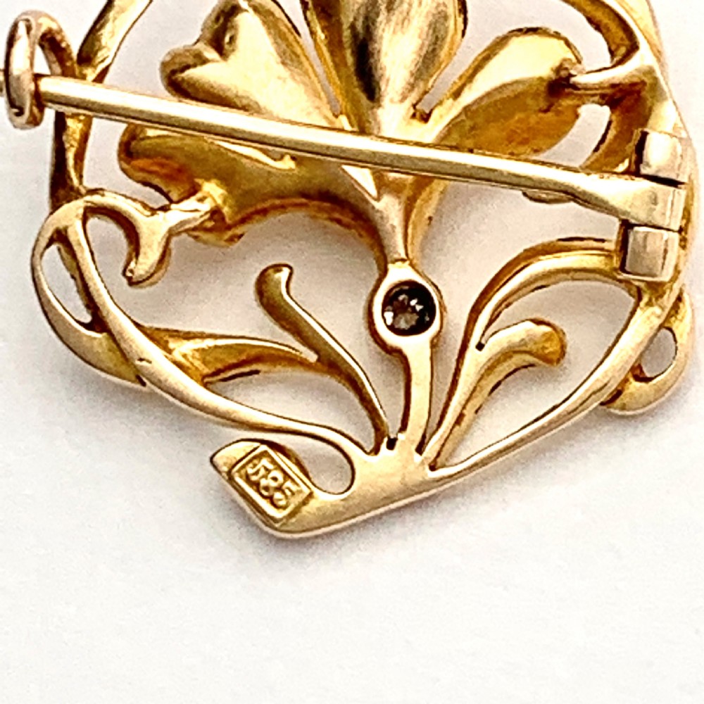 Art Nouveau 14CT Gold Diamond Flower Brooch View III